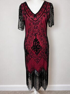 1920s Flapper Dress Red Black Beaded Sequin Fringe Gatsby Costume Small